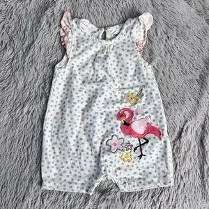 Chick Pea White with Blue Polka Dots Flamingo Romper with Ruffles
